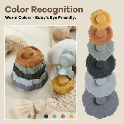 Yrkidstoi Stacking & Nesting Baby Teething Toy, 7 Pcs Soft Building Rings Stacker Toys with Dinosaur Figure, Newborn Essentials Sensory Learning Toys for 6+ Months Infant Toddler Boys Girls