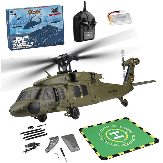Razordon WL K170 BK Hawk RC Helicopter, 2.4G 4CH Flybarless 6-Axis Gyroscope Altitude Hovering RC Military Helicopter with Display Stand and Apron Takeoff Landing Pads (RTF Version)