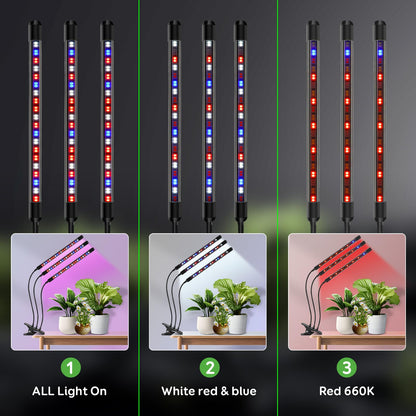 SDOVUERC Tri-Head Clip Grow Light for Indoor Plants, Full Spectrum with 6/12/18H Timer, 5 Dimmable Levels, 3 Spectrum Modes & 360° Gooseneck for Seedlings, Houseplants, Succulents