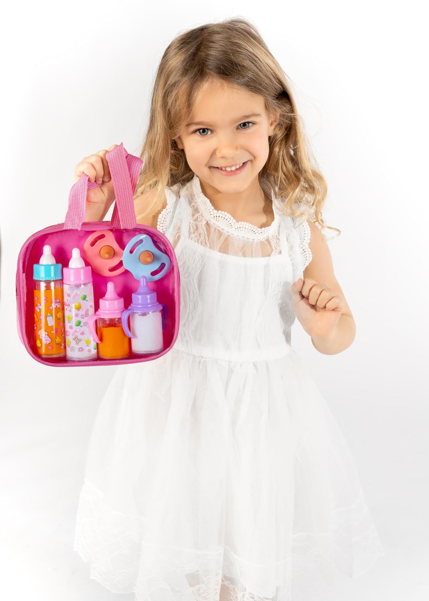 fash n kolor® My Sweet Baby Disappearing Doll Feeding Set, Baby Care 6 Piece Doll Feeding Set - for Toy Stroller | 2 Milk & Juice Bottles with 2 Toy Pacifier for Baby Dolls Set - Kids Gift Set
