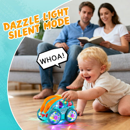 Light Up Transparent Sensory Car Toy - 360° Standing Rotation Roll Stunt Car, Bump and Go Toy Cars with Colorful Moving Gears & Music, Educational Toys for Toddlers, Best Gifts for Kids 1 2 3 4 Years