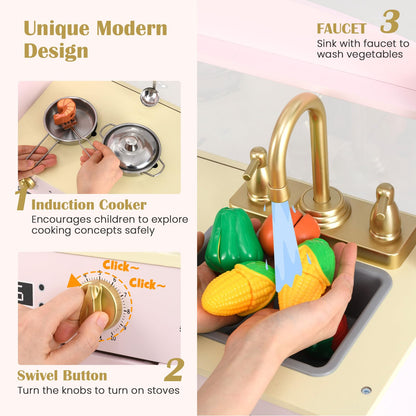 INFANS Kids Kitchen Playset, Toddler Wooden Pretend Cooking Toy Set with Acrylic Drawing Board Ice Machine Dishwasher Cloth Drawer Stove Removable Sink Simulation Play Kitchen for Boys Girls