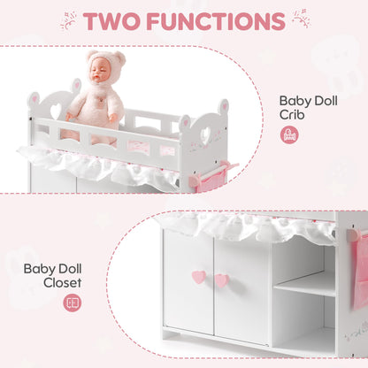 ROBUD Baby Doll Crib, Wooden Doll Bed, Baby Crib Toy with Storage, Bedding, Storage Bag and 3 Hooks, 18-21 inch Doll Accessories, Girl Doll Furniture Ages 3+ (White)