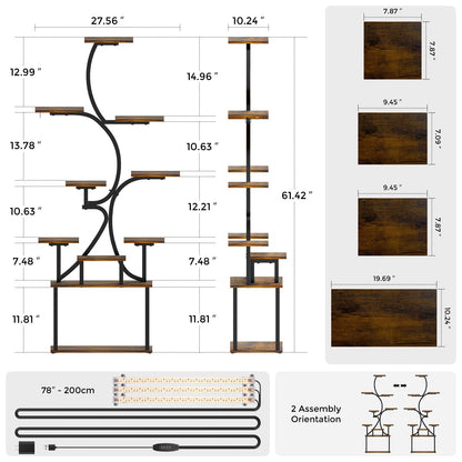 Plant Stand Indoor with Grow Lights - 9-Tier Curved Plant Stand, Tall Metal and Wood Indoor Plant Shelf with Unique Arched Design, Multi-Tier Flower Pot Holder Rack with Waterproof Finish, 63" Tall for Living Room, Balcony, and Garden