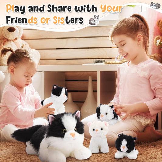 HyDren 5 Pcs Realistic Ragdoll Cat Stuffed Animal, 17.75 Inches Large Ragdoll Cat Mommy Plush with 4 Cute Babies Soft Plush Kittens Set for Girls Boys Birthday Party Favors(Black)