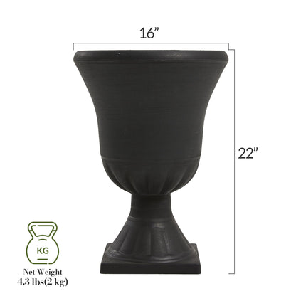 Worth Garden 2-Pack Plastic Urn Planters for Outdoor Plants, 22'' Black Tall Round Classic Resin Traditional Flower Pots - 15 in. Dia. Large Imitation Stone Decorative Pot Patio Deck Front Porch