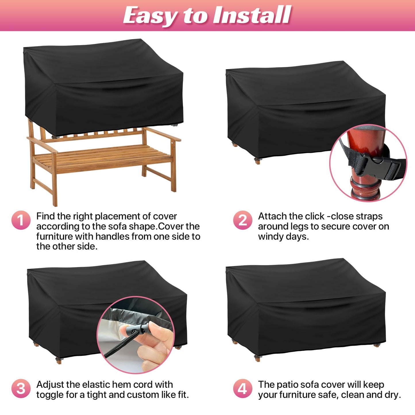 Outdoor Bench Cover 2 Seater Waterproof, 52" W X 28" D X 35" H All Weather Patio Bench Cover for Outside Furniture, Loveseat, Sofa Couch, Bench and Glider, Black