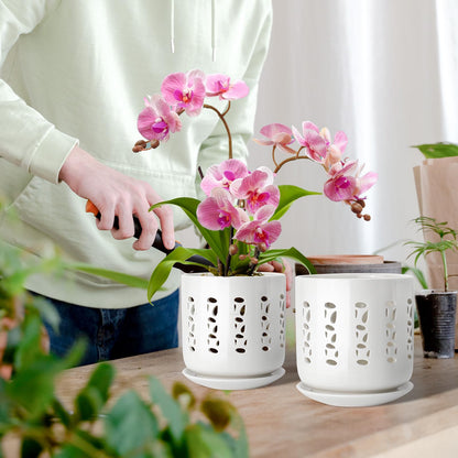 BUYMAX Ceramic Orchid Pots with Holes, 5 Inch+6 Inch Orchid Planter with Drainage Holes and Tray, Indoor Flower Pot for Repotting Orchids, Elegant White Glaze