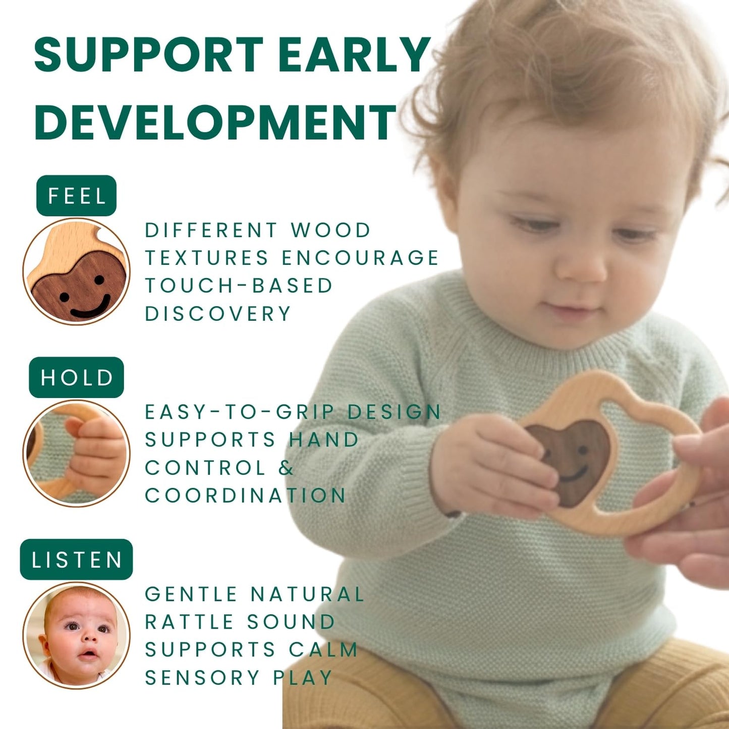 Wooden Baby Rattle & Teething Ring Heart | Natural Montessori Teething Toy Babies 0-3 3-6 6-12 Months | Non-Toxic Organic Hardwood Teether | Safe Sensory Toy Boys Girls | Baby Gift