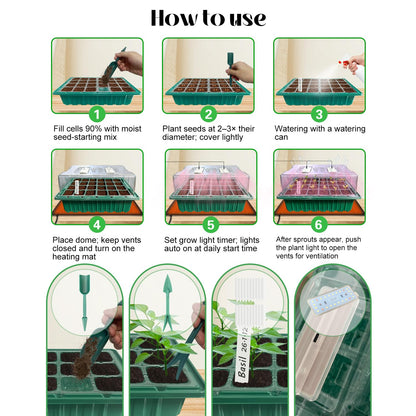 Seed Starter Tray with Grow Light and Heat Mat, Seed Starter Kit with Humidity Dome and Timing Controller, Adjustable Vent and Brightness, Ideal Germination Tray for Seed Starting and Seedling Growing