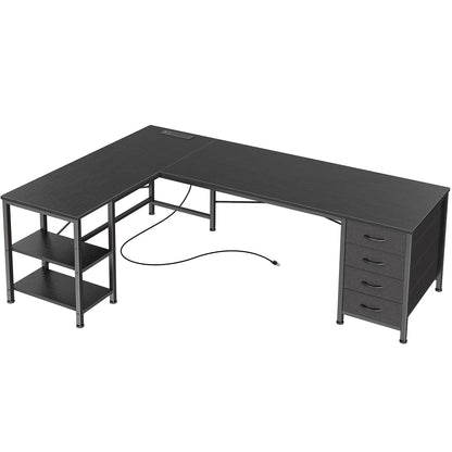 Huuger 55 Inch L Shaped Desk with Fabric Drawers, Reversible Computer Gaming Desk with Power Outlets and USB-C Port, Adjustable Side Storage Shelves, for Work Study Corner Home Office, Black