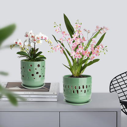 Orchid Pots with Holes, 5+6 Inch Large Orchid Pot with Drainage and Saucers, Ceramic Orchid Planter for Indoor/Outdoor Set of 2 Flower Pots - Pea Green
