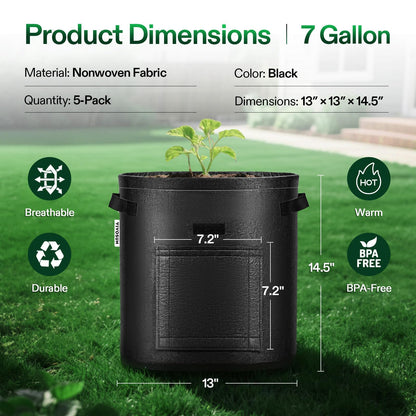 VIVOSUN 5-Pack 7 Gallon Potato Grow Bags, Fabric Pots With Handle and Roll-up Window, Planter Containers for Growing Potatoes, Black