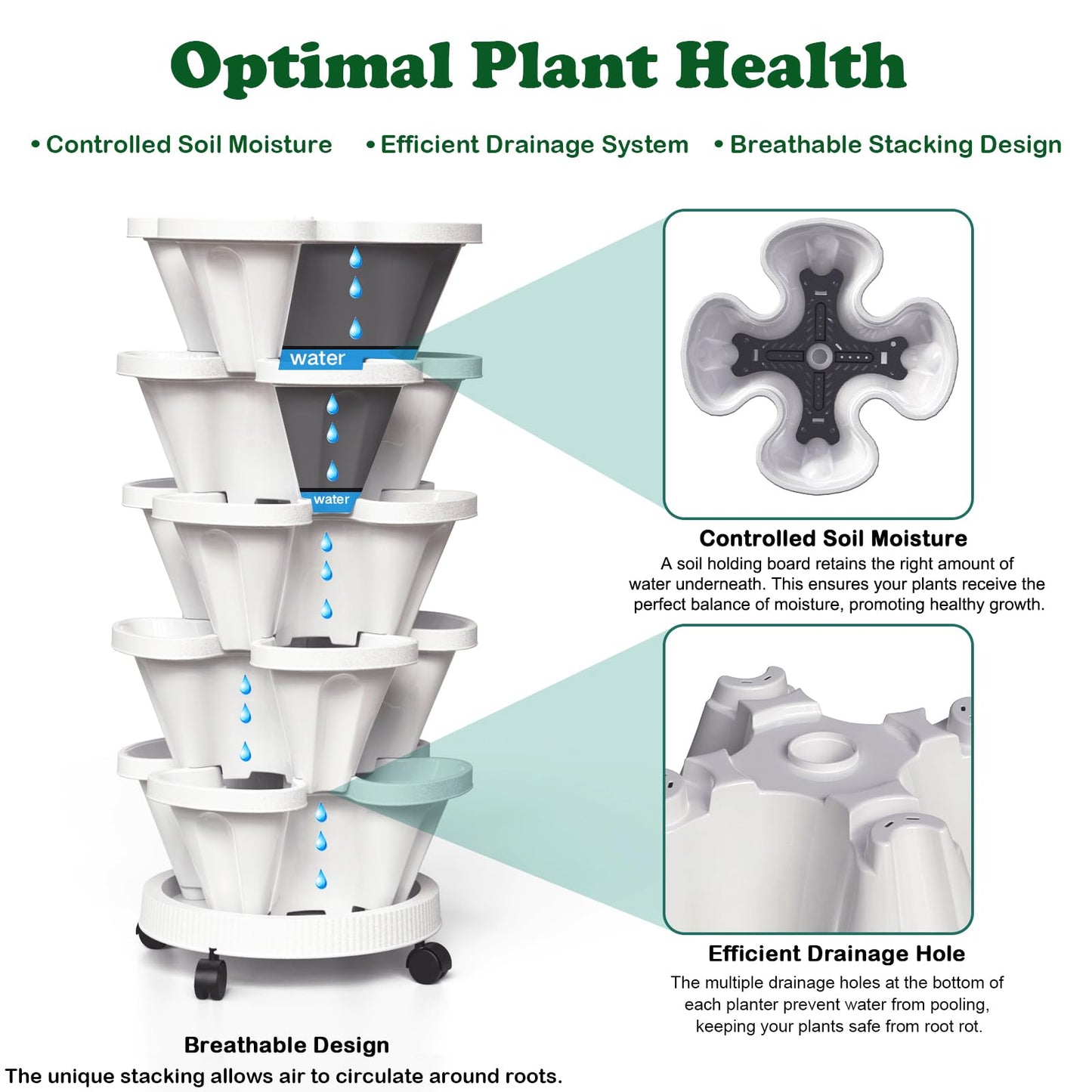 Lykvrii Strawberry Planters, 7 Tiered Vertical Stackable Planter, Herb Stacking Tower Garden, Flower Vegetable Planters with Support Pole, Indoor & Outdoor with Removable Wheels - White