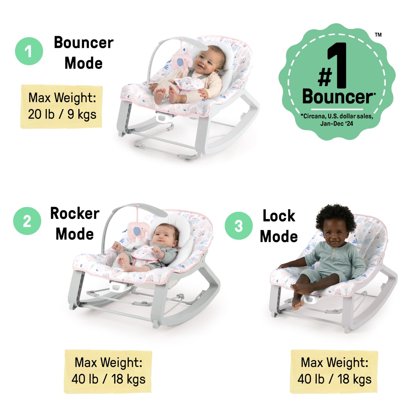 Ingenuity Keep Cozy 3-in-1 Grow with Me Vibrating Baby Bouncer Seat & Infant to Toddler Rocker, Vibrations & -Toy Bar, 0-30 Months Up to 40 lbs (Pink Burst)