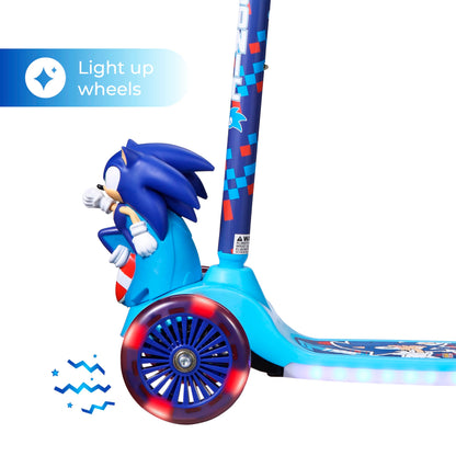 Sonic The Hedgehog 3D Kick Scooter for Kids, Self-Balancing 3 Wheeled Light Up Scooter with Extra Wide Anti-Slip Deck, Rear Brake, Lean to Steer, Lightweight Design, for Kids 3 and up, 75 LB Limit
