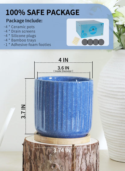 TAMAYKIM 4 Inch Cylinder Ceramic Plant Pots with Drainage Holes & Saucers, Glazed Small Boho Planters with Trays for Indoor Flower, Snake Plants, Succulent, Cactus, Blue, Set of 4