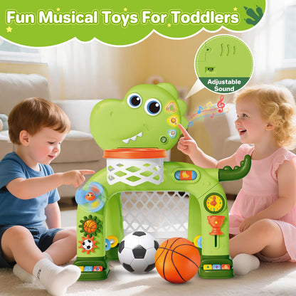 AuroTops Toddler Basketball Hoop & Soccer Goal Toy,Dinosaur Toys with Light & Music,Musical Toys for 1 Year Old Boy Girl Learning Toy for Toddlers 1-3 Birthday Gifts for 1 Year Old Boys