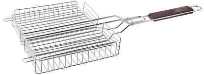 Outset Rosewood Handle Grill Basket, Fish and Vegetable Grill Basket, Chrome