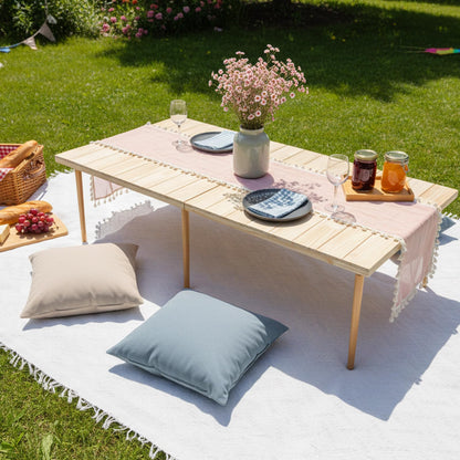 Hahafelt 2 Set Low Picnic Table, Foldable Boho Picnic Table with Extra Large Outdoor Camping Blanket Portable Boho Wood BBQ Tables for Camping Wedding Beach BBQ Party (44.1''x22.1''x12.9'',Wood Color)