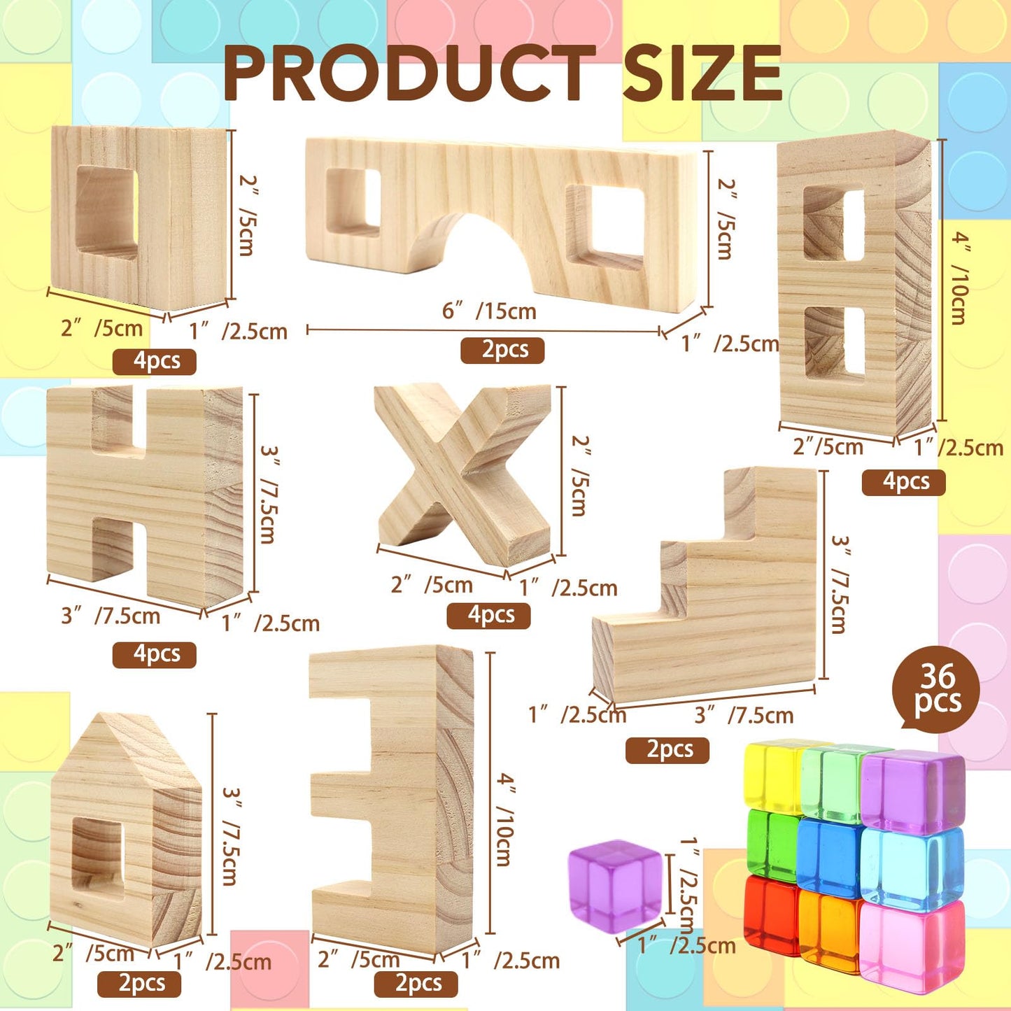 kuchisity Wooden Building Blocks Set for Kids, 60 PCS Rainbow Acrylic Gem Cubes Stacking Blocks, Montessori Stacking Toy for Toddlers Educational Toy Early Learning Gifts for Boys Girls 3-6 (60)