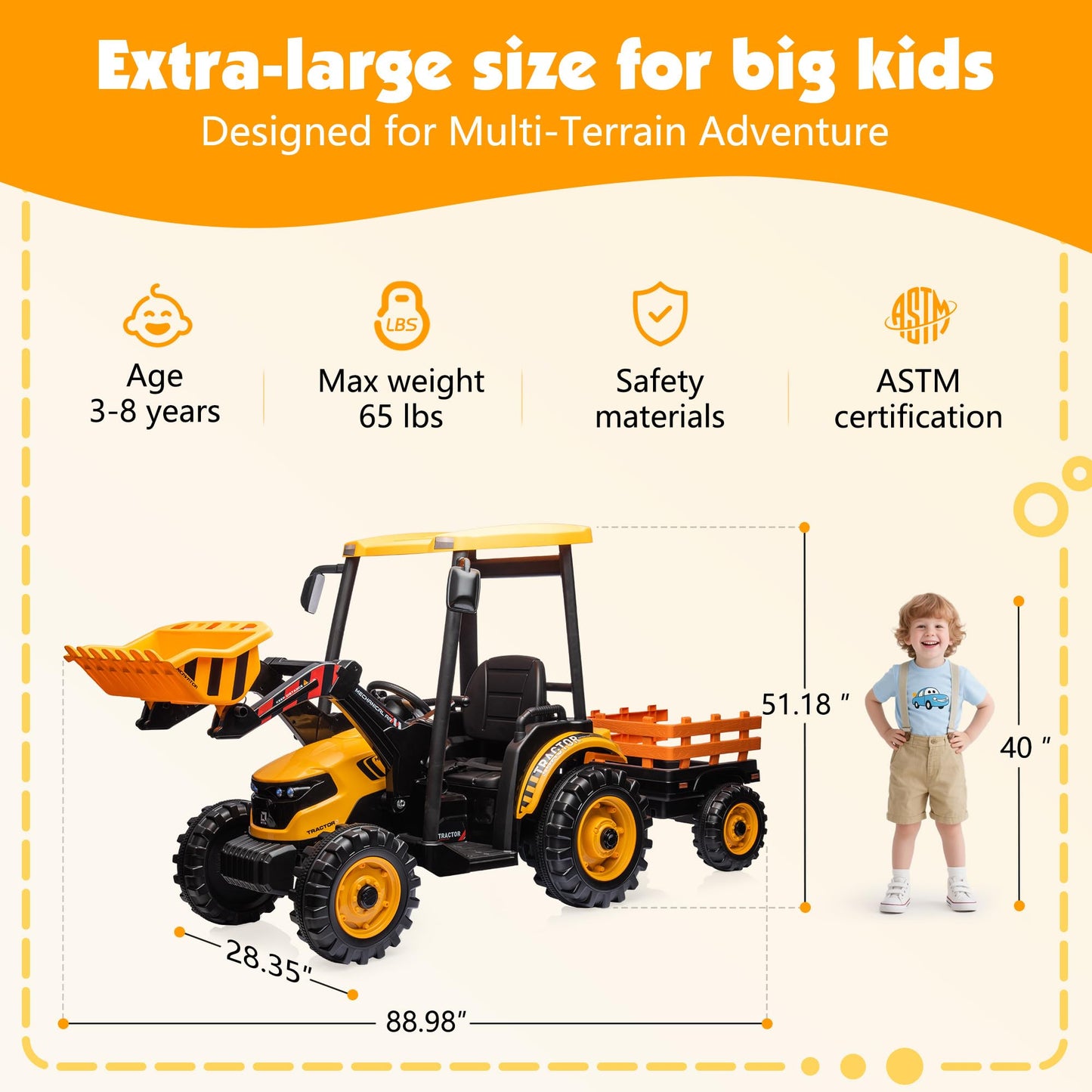 Albott 24V Ride on Tractor for Kids with Trailer & Front Loader, 3-in-1 Electric Construction Vehicle, Dual Motors, All-Terrain Wheels, LED Lights, Outdoor Gift for Boys Girls Ages 3-8 (Yellow)