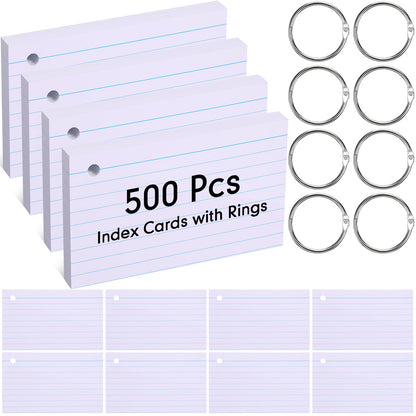 Yexiya 500 Pcs Index Cards with Rings Study Supplies Punched Lined Flash Cards with Holes Ruled Single Hole Notes and Metal Rings for Adults Office(3 x 5 Inch,White)