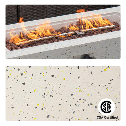 COSIEST 2-Piece Outdoor Propane Fire Pit Table Set w Tank Table, 42" Terrazzo Rectangle Fire Table (Certified, 50,000 BTU) w 16" Tank Cover Side Table, Wind Guard, Rain Cover for Garden, Pool