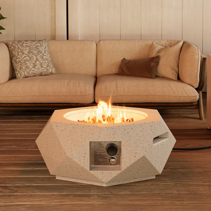 COSIEST Outdoor Propane Fire Pit Table w Terrazzo White Faux Stone 24-inch Hexagon Base, 40,000 BTU Stainless Steel Burner, Free Lava Rocks and Rain Cover