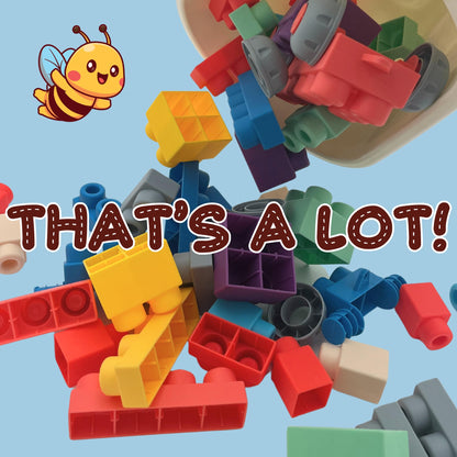 WaBee Baby Soft Rubber Building Blocks - 50 Pieces in Wheeled Bin Ages 12mo+ - Extra Large Chew-Safe Sensory Toys - STEM Learning Set - Not Compatible with Duplo/Mega