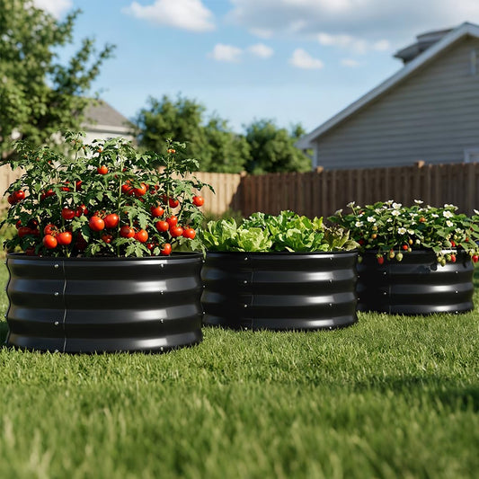 COMHOMA 3 Pack Round Raised Garden Bed 2x2x1ft,Galvanized Metal Planter Box Kit for Outdoor Gardening,Vegetable Flower Herb Growing Beds with Gloves Tools,Black