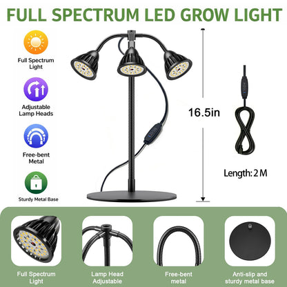 QCQHDU Grow Lights for Indoor Plants Full Spectrum,81 LED Triple-Bulb Plant Growing for Seed Starting Lamp with 3/9/12H Timer,Adjustable Gooseneck with Base,3 Switch Modes