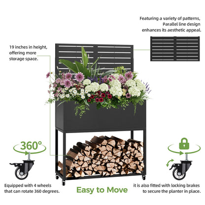 Metal Planter Box with Trellis, 3 in 1 Raised Garden Bed with Trelli & Firewood Rack, Privacy Planter Screen for Climbing Plants, Vine, Outdoor Garden Standing Beds with Drainage Holes, Wheels,Black