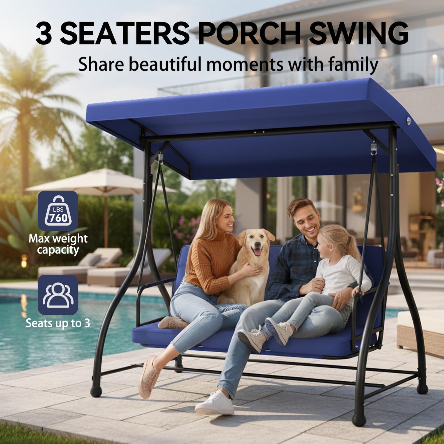 3-Seat Patio Swing Chair Outdoor Heavy Duty Steel Frame with Adjustable Canopy Removable Cushions - All Weather Porch Swings Glider for Backyard, Garden, Poolside - Blue