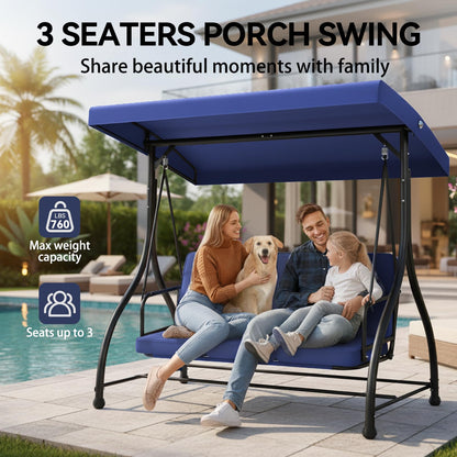 3-Seat Patio Swing Chair Outdoor Heavy Duty Steel Frame with Adjustable Canopy Removable Cushions - All Weather Porch Swings Glider for Backyard, Garden, Poolside - Blue