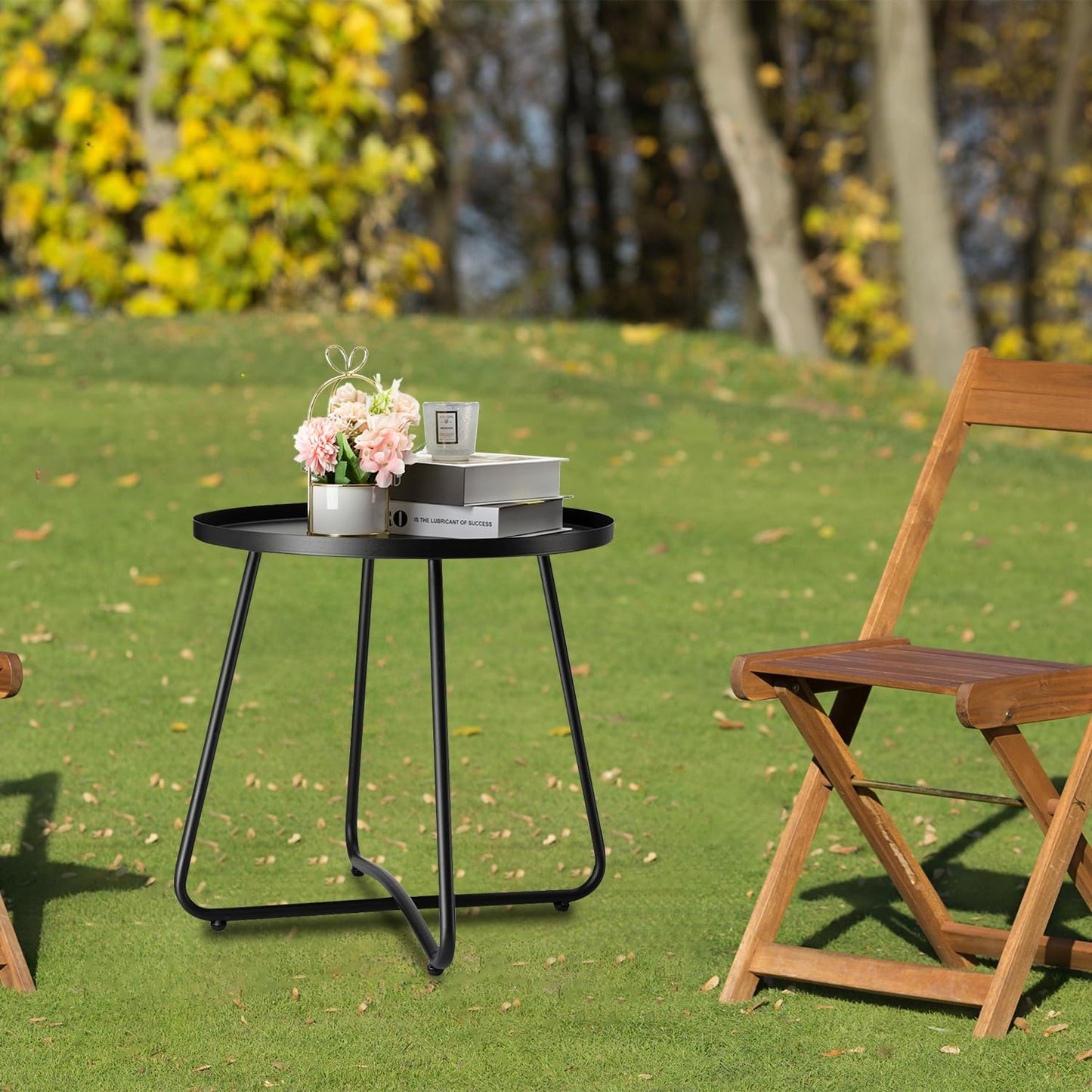 danpinera Outdoor Side Tables, Weather Resistant Steel, Small Round End Table for Patio Yard Balcony Garden Bedside Black