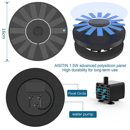 AISITIN 2 x 1.5 W DIY Solar Powered Garden Fountain with 6 Nozzles Effects for Ponds, Bird Bath, Aquarium, Garden Fountain