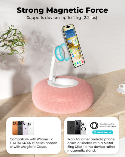 Viozon Phone Holder for Bed, Magnetic Pillow Stand, Compatible with 4-7" Phone/Kindle with Small Storage, Removable Suction Base for Stability, Idea for Kindle Reading and Video Watching On Bed,Pink