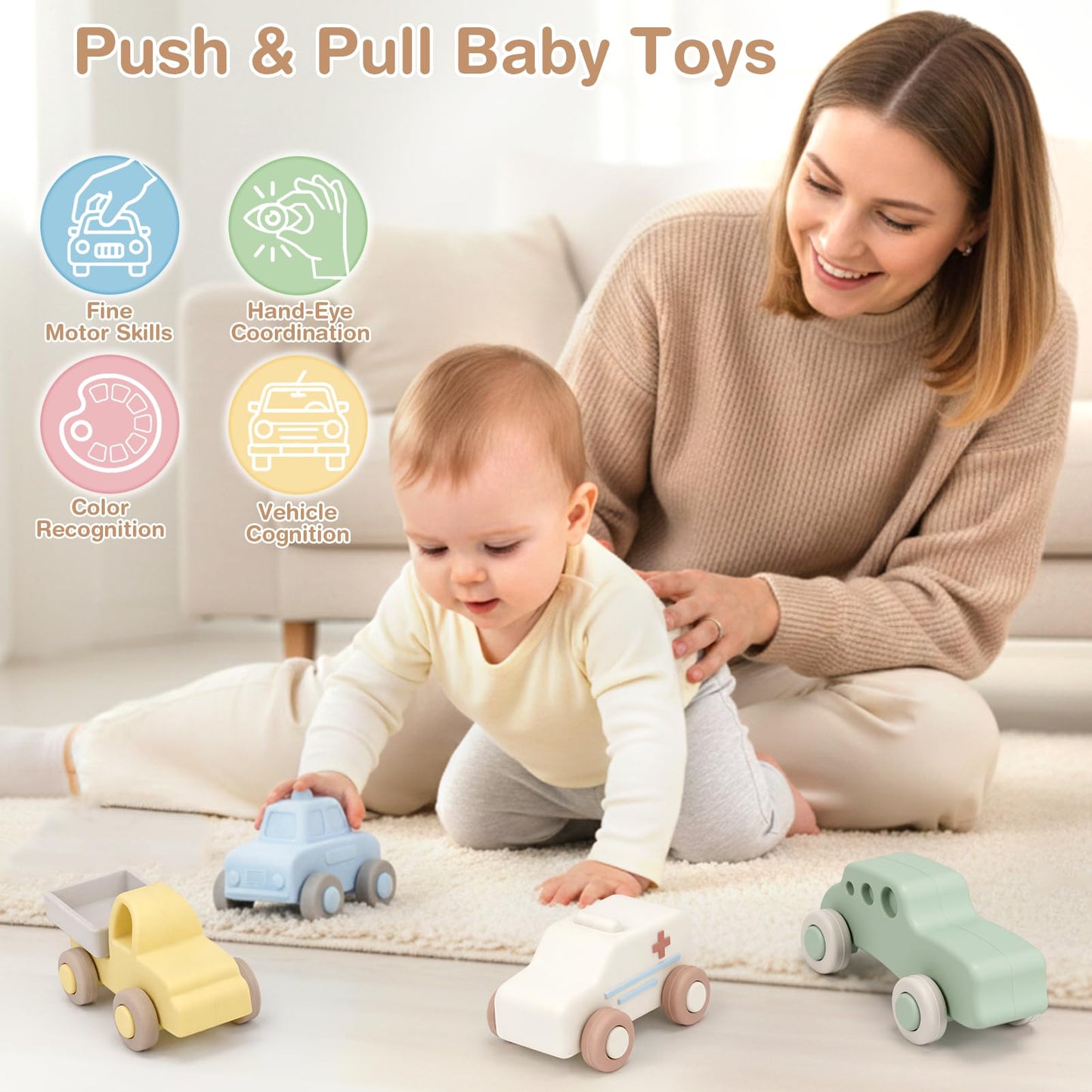 Vanplay Silicone Baby Car Toys with Storage Box - Soft Teething Toys for Babies 6-12 Months, One-Piece Design Push & Pull Baby Toys for Toddlers, Birthday Gifts for Boys Girls（4 PCS）