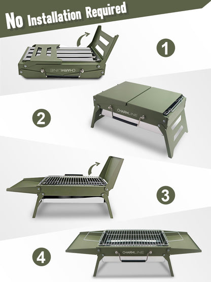 Charmline 14 x 9 inches Portable Charcoal BBQ Grill, Foldable Compact Camping Barbecue for 1–3 People, Ideal for Garden, Beach, Picnic & Tabletop Use, Green