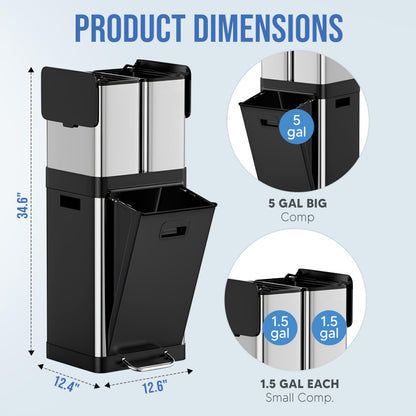 HOLDN’ STORAGE 32L Triple-Compartment Trash & Recycling Bin for Kitchen, 2 Removable Hook-On Bins, Multi-Access Opening, Odor Control, Stainless Steel, 3 Trash Bag Rolls Included