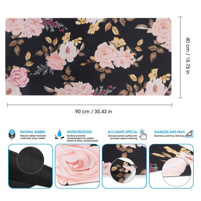 iCasso Extended Gaming Mouse Pad, Large Non-Slip Rubber Base Mousepad with Stitched Edges, Waterproof Keyboard Mouse Mat Desk Pad for Work, Game, Office, Home - Peony