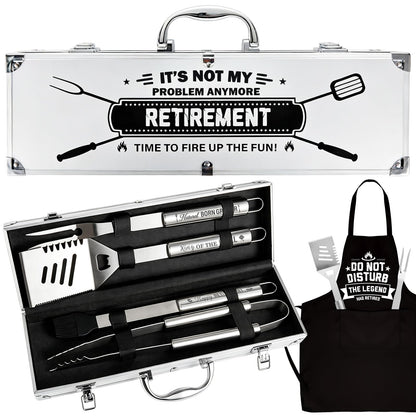 Retirement Gift for Men BBQ Grill Tools Set with Spatula Fork Tongs Brush Apron Heavy Duty Stainless Steel Grilling Accessories in Aluminum Case Retired Gifts for Dad Grandpa Coworker Teacher Boss