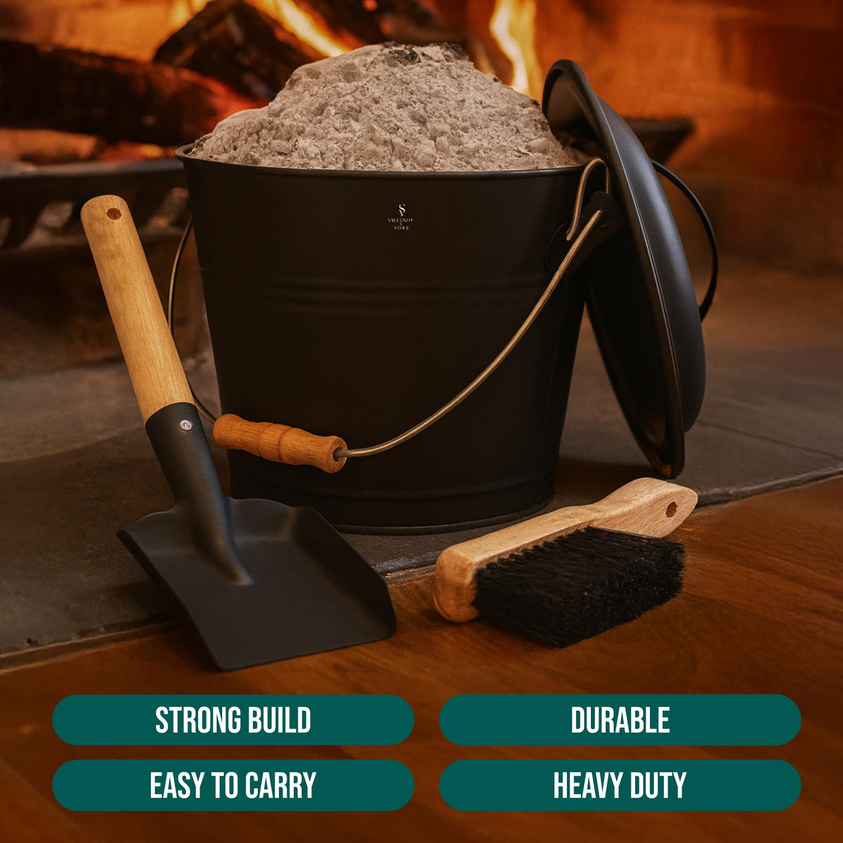 Smedley & York Mini Ash Bucket with Lid, Includes Fireplace Tools, Pail, Shovel and Broom, 1.5 Gallon Charcoal Metal Bucket with Lid, Coal Bucket and Ash Can, Galvanized Iron Ash Bucket for Fireplace