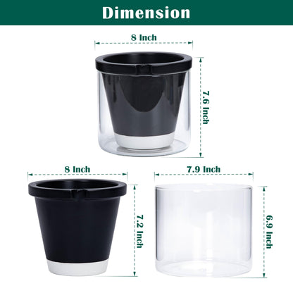 D'vine Dev 8 Inch Design Self Watering Planter for Indoor Plants, Black Terracotta Pot with Cylinder Glass Cup, 37-X-C-3