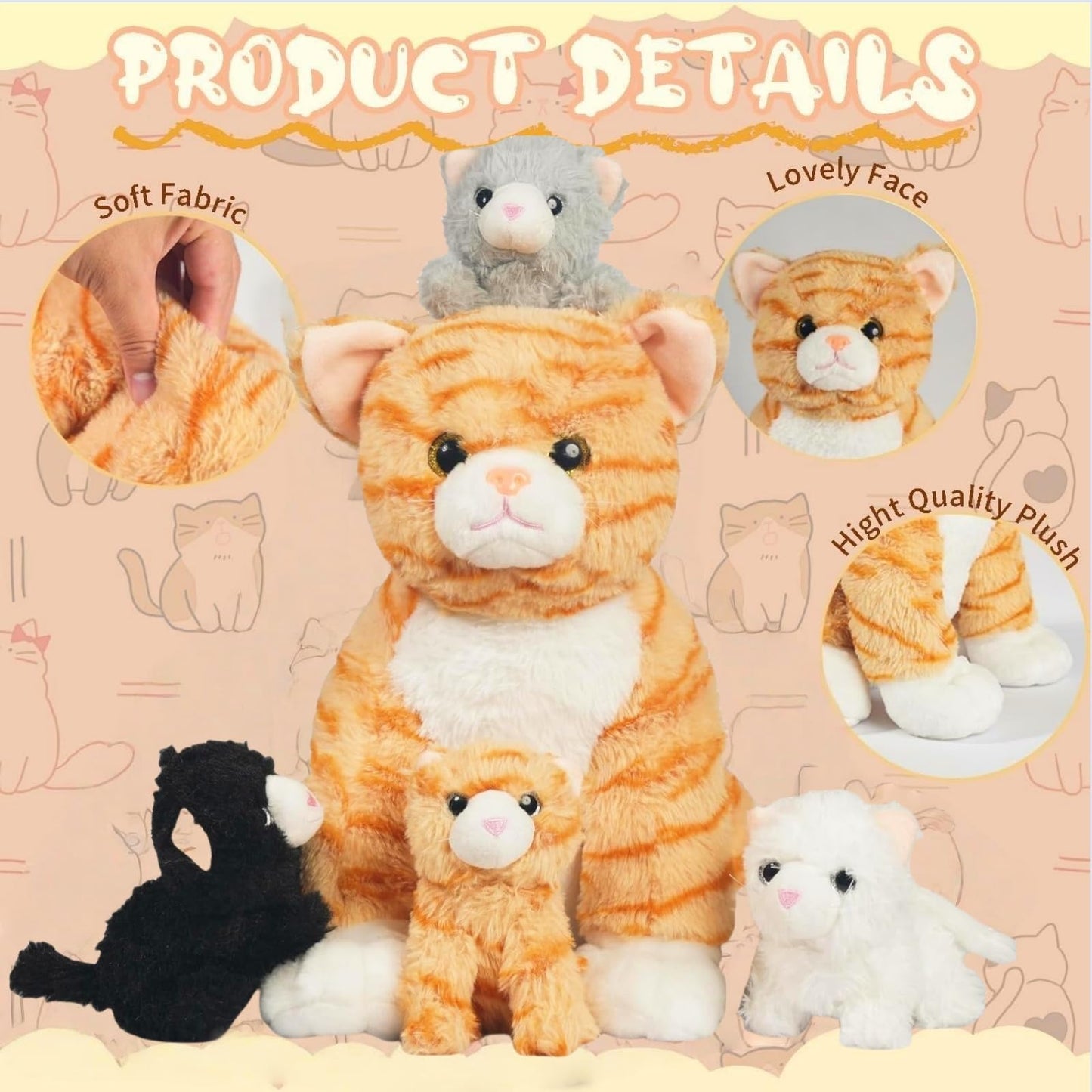 5 Pieces Cat Stuffed Animal with Babies Inside Belly 1 Mommy Stuffed Cat Toy with 4 Baby Plush Kittens, Orange Tabby Cat Plush Stuffed Kitty Plush Toys for Kids Birthday Party Favors Surprise Gifts
