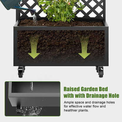 72" Metal Planter Box with Trellis Outdoor and Wheels,Planter with Trellis Privacy Screen, Raised Garden Bed with Trellis and Drainage Holes for Climbing Plants, Vegetables, Vines