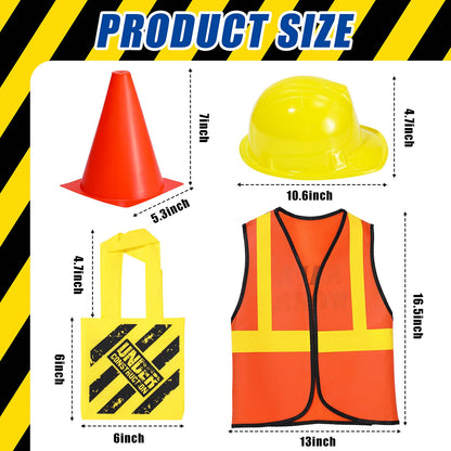 Gejoy 48 Pcs Kids Construction Birthday Party Supplies Kids Construction Hats and Vests Worker Costume Role Play Tote Bag and Traffic Cones for Excavator Dress up Cosplay Party Decorations