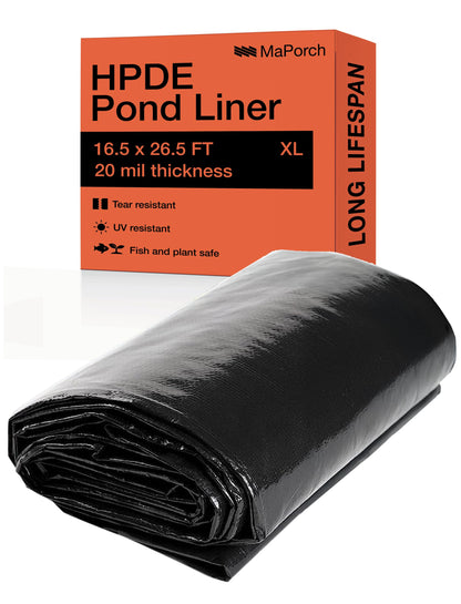MAPORCH Pond Liner for Outdoor Ponds - Heavy Duty Koi Fish Pool Liner - 16.5 x 26.5 ft, HDPE 20 Mil - UV Resistant Waterproof Underlayment