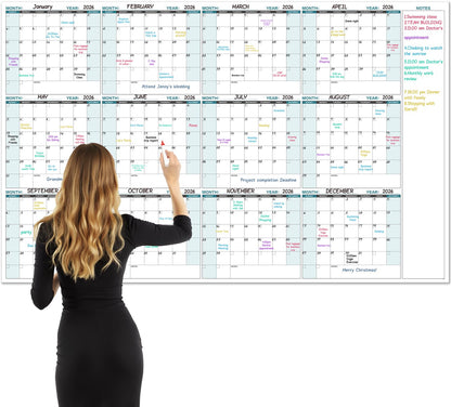 Large Dry Erase Calendar for Wall – Yearly Wall Calendar Dry Erase, 58" x 37", 12-Month Undated Blank Calendar Planner, Reusable Laminated with 15 Round Stickers, Perfect Large Wall Calendar for Office, Home and Classroom